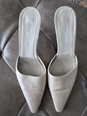 BCBGirls Size 8 Pointed Slip-On Mules in Pearlescent Champagne